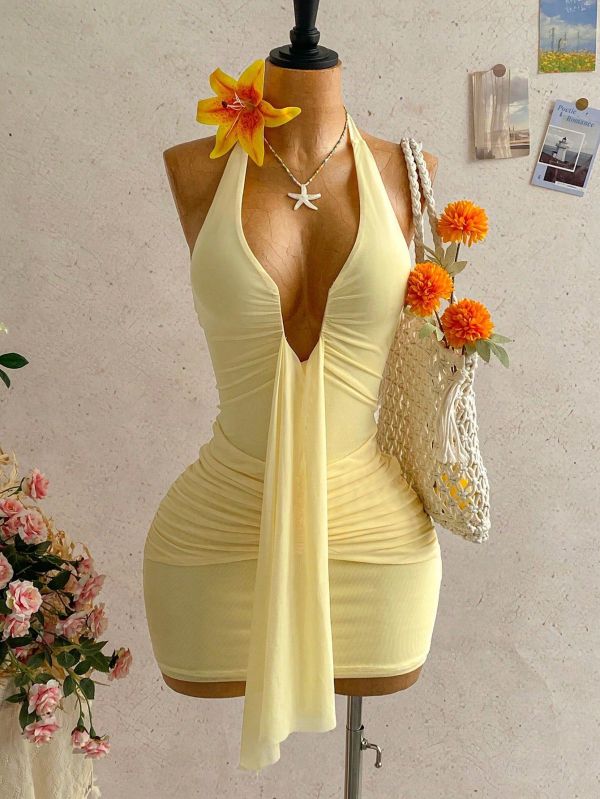 Solid Color Halterneck Ruched Mini Dress GXIY-K26L2515