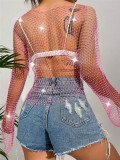 Fishnet Rhinestone Sexy Cutout Beach T-Shirt GZYY-W1122-3