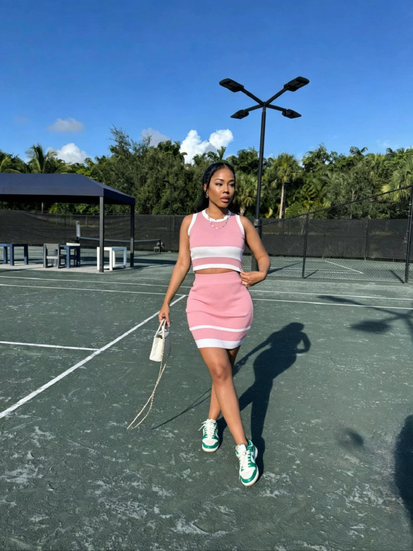 Knits Contrast Color Sleeveless 2 Piece Skirts Set TR-1369