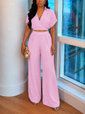 Solid Color Lapel V Neck Two Piece Pants Set HNIF-MC038