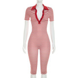 Stripe Print Lapel Seventh Jumpsuit MXBF-D26JP197