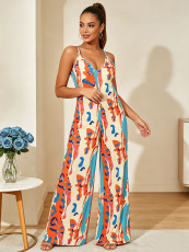 Plus Size V Neck Print Graffiti Print Sling Jumpsuit QMZF-1837