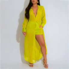 Solid Color Split Long Shirt Two Piece Shorts Set QYMF-GY081