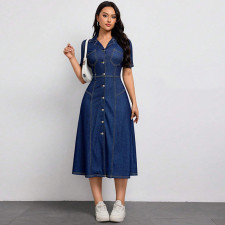 Plus Size Single Breasted Button Short Sleeve Denim Maxi Dress GDAM-218820