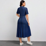 Plus Size Single Breasted Button Short Sleeve Denim Maxi Dress GDAM-218820