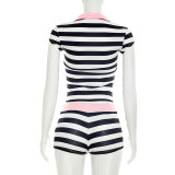 Stripe Contrast Color Lapel Two Piece Short Set MXBF-Y26ST233