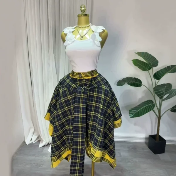 High Waist Plaid Print Irregular Half Body Skirt GCNE-75267