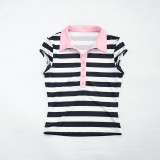 Stripe Contrast Color Lapel Two Piece Short Set MXBF-Y26ST233