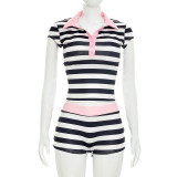 Stripe Contrast Color Lapel Two Piece Short Set MXBF-Y26ST233