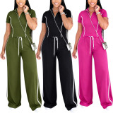 Zipper Short Sleeve Top Two Piece Pants Set HNIF-GY326