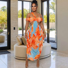 Sexy Color Block Backless Print Maxi Dress GJYO-JD305523