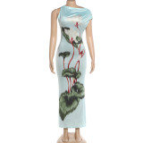 Print Slash Shoulder Slim Maxi Dress DLSF-K6D10413A