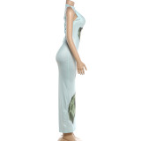 Print Slash Shoulder Slim Maxi Dress DLSF-K6D10413A