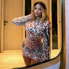 Leopard Print Slash Neck Long Sleeve Mini Dress GJYO-JD305518