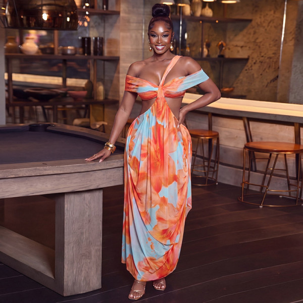 Sexy Color Block Backless Print Maxi Dress GJYO-JD305523