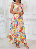 Off Shoulder Tie Up Print Maxi Dress GYLY-9723