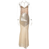 Mesh Patchwork Backless Sling Maxi Dress LJSF-D6521681X