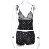 Polka Dot Print Lace Patchwork Two Piece Shorts Set LJSF-S6421431X