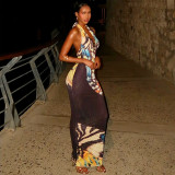 Print Backless Deep V Neck Maxi Dress GJYO-JD305501