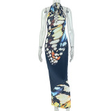 Print Backless Deep V Neck Maxi Dress GJYO-JD305501