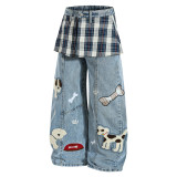 Plus Size Plaid Patchwork Embroidered Puppy Jeans GYLN-2956