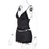 Polka Dot Print Lace Patchwork Two Piece Shorts Set LJSF-S6421431X