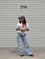 Plus Size Cat-Embroidered Multi-Pockets Jeans GYLN-6334
