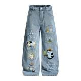 Plus Size Cat-Embroidered Multi-Pockets Jeans GYLN-6334