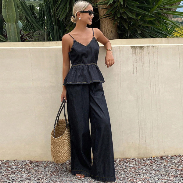 Fashion Denim Sling Two Piece Pants Set GDAM-218959