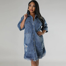 Hole Tassel Short Sleeve Denim Midi Dress GDAM-219006