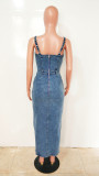 Sleeveless Backless Denim Split Long Dress LX-8612