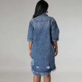 Hole Tassel Short Sleeve Denim Midi Dress GDAM-219006