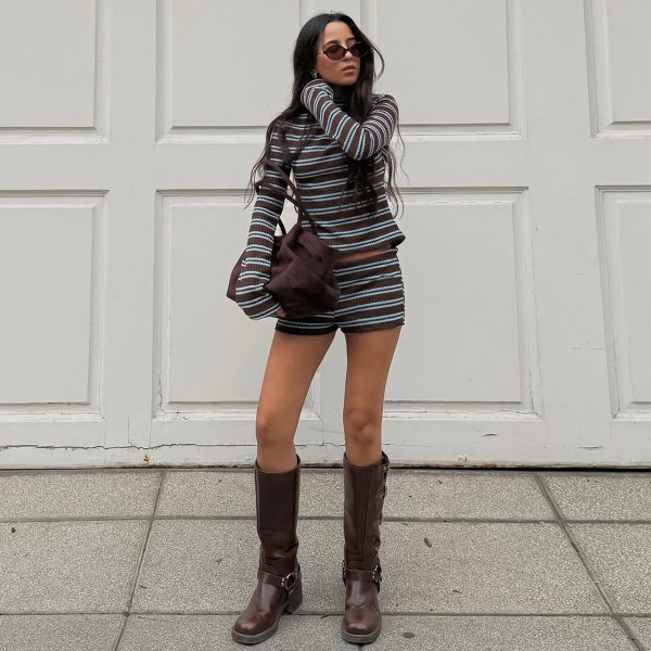 Stripe Long Sleeve Two Piece Short Set GFRT-42211SBG