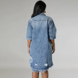 Hole Tassel Short Sleeve Denim Midi Dress GDAM-219006