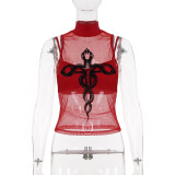 Flocked Snake-Pattern Mesh Two Piece Top GPKJ-MR49273