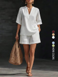 Loose V Neck Solid Color Two Piece Shorts Set GSRX-935