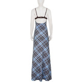 Plaid Patchwork Sling Backless Maxi Dress GPKJ-MR49476