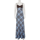 Plaid Patchwork Sling Backless Maxi Dress GPKJ-MR49476