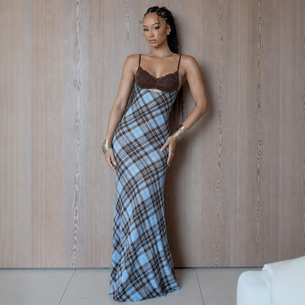 Plaid Patchwork Sling Backless Maxi Dress GPKJ-MR49476