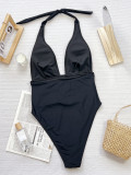Solid Color Deep V Neck One Piece Swimsuit CSYZ-D651Q