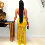 Lace Patchwork Halterneck Split Maxi Dress GDSF-D26DS201