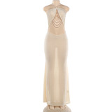 Pearl Chain Patchwork Backless Maxi Dress DLSF-K6D09564A
