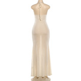 Pearl Chain Patchwork Backless Maxi Dress DLSF-K6D09564A