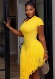 Solid Color Knits Short Sleeve Tassel Midi Dress GKYS-3087