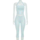 Plaid Print Halterneck Top Seventh Pants Suit GSZM-C26ST238