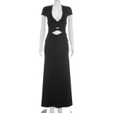 Hollow Out Deep V Neck Maxi Dress GSZM-C26DS262
