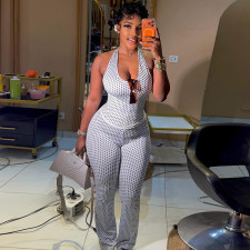 Halterneck V Neck Polka Dot Print Jumpsuit GJYO-JS919185