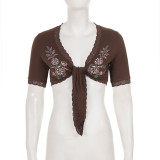 Lace Tie Up Short Sleeve Crop Top GPKJ-MR49447