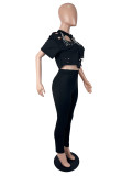 Fashion Ripped Studded Two-Piece Pants Set(With Pin) SHD-8501