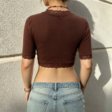 Lace Tie Up Short Sleeve Crop Top GPKJ-MR49447